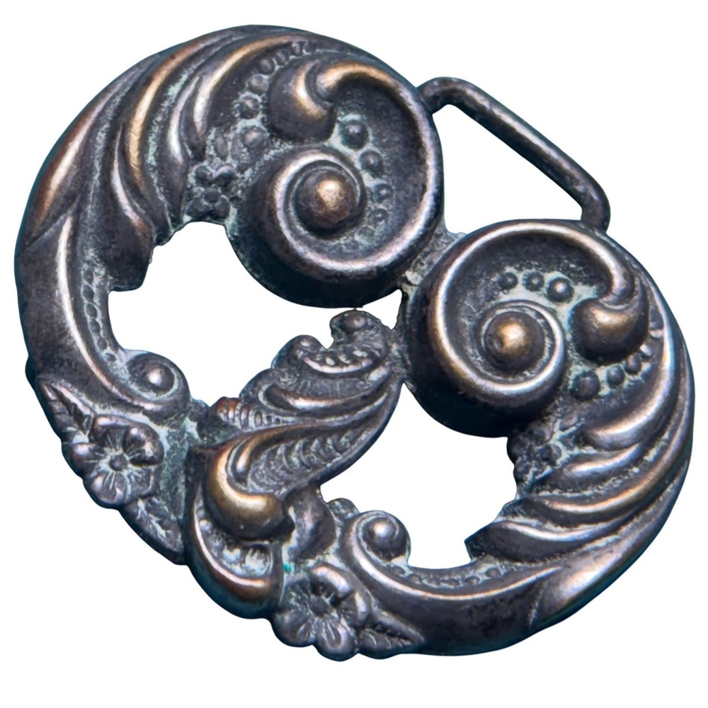 Antique Art Nouveau Silver Floral Repousse Sash Buckle Belt Slide Aged Patina